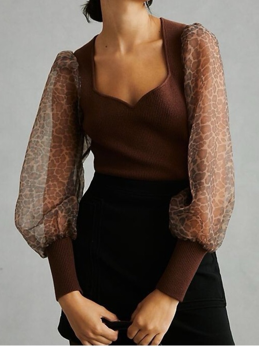Anthropologie Dolan Leopard Print Sheer Puff Sleeve V-Neck Sweater Small